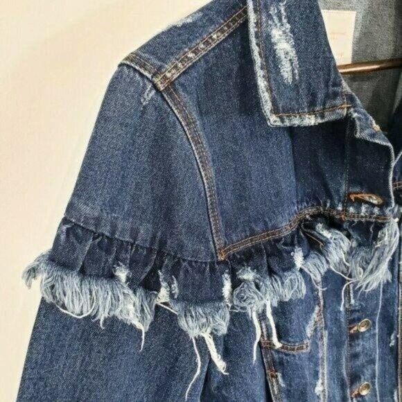 Zara Women's Denim Fringe Jean Jacket size Large - Picture 2 of 9